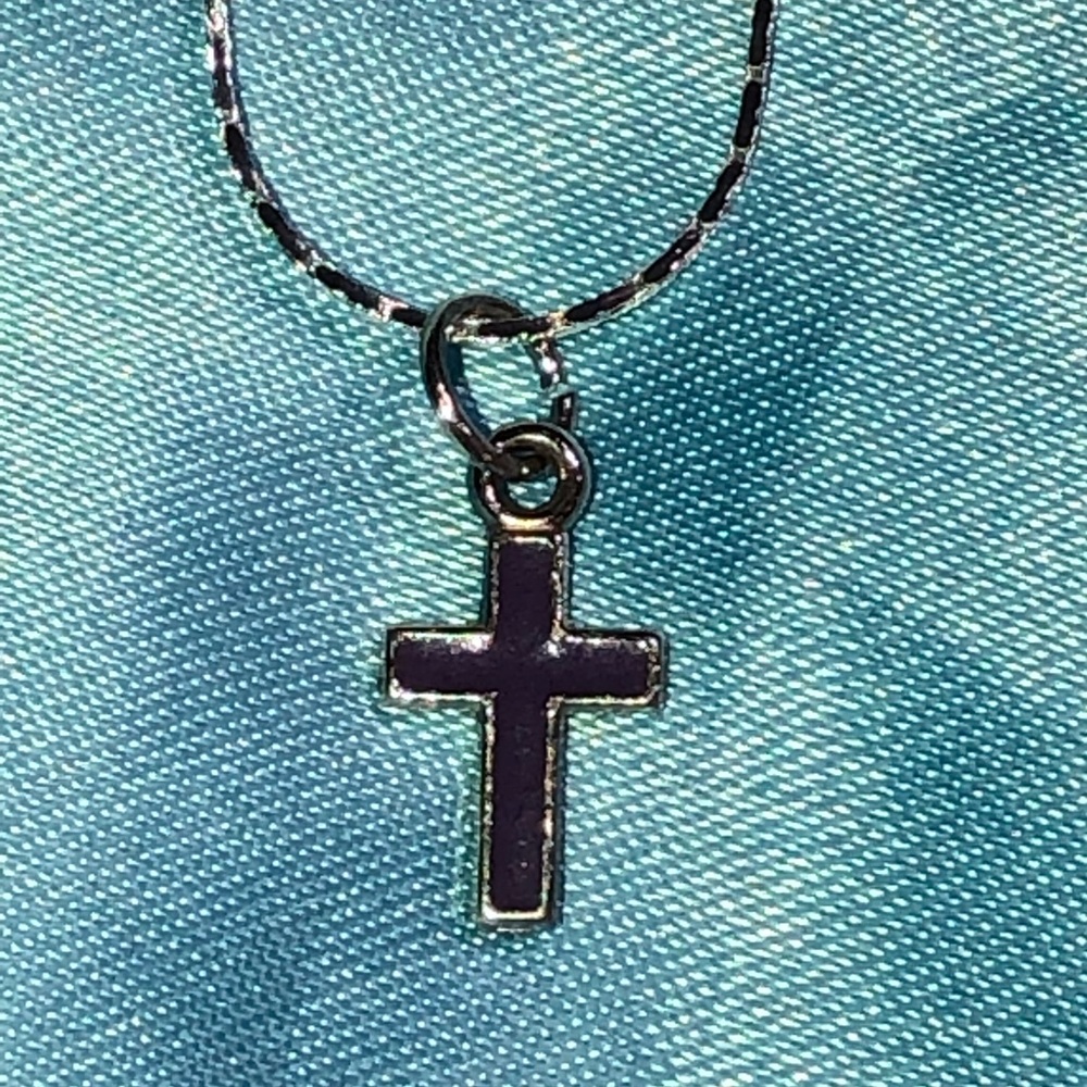 Purple cross pendant on long silver necklace chain - Picture 3 of 8